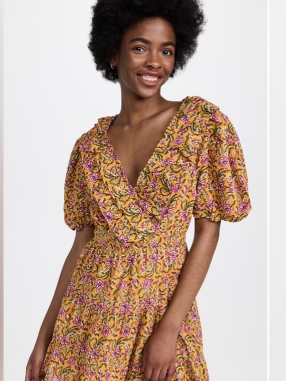 Anthropologie Rahi Yellow Floral V-Neck Puff Sleeve Dress xs NWT mini